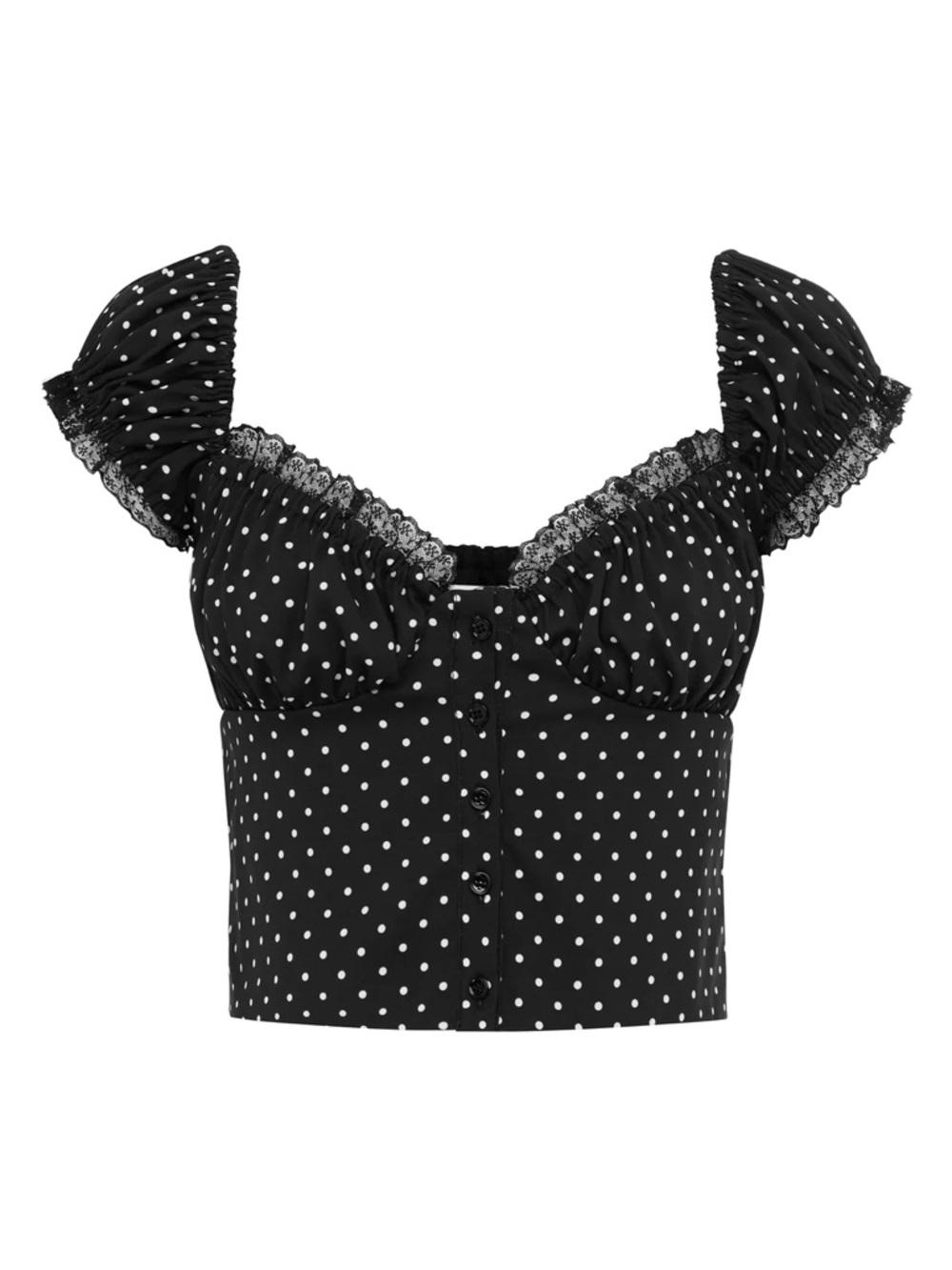 With Jean Black Polka Dot Puff Sleeve Crop Top